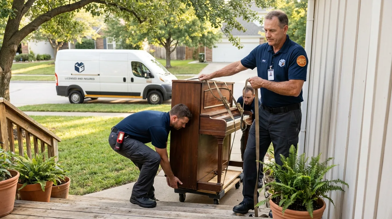 Licensed piano movers securing grand piano in Ranson, WV