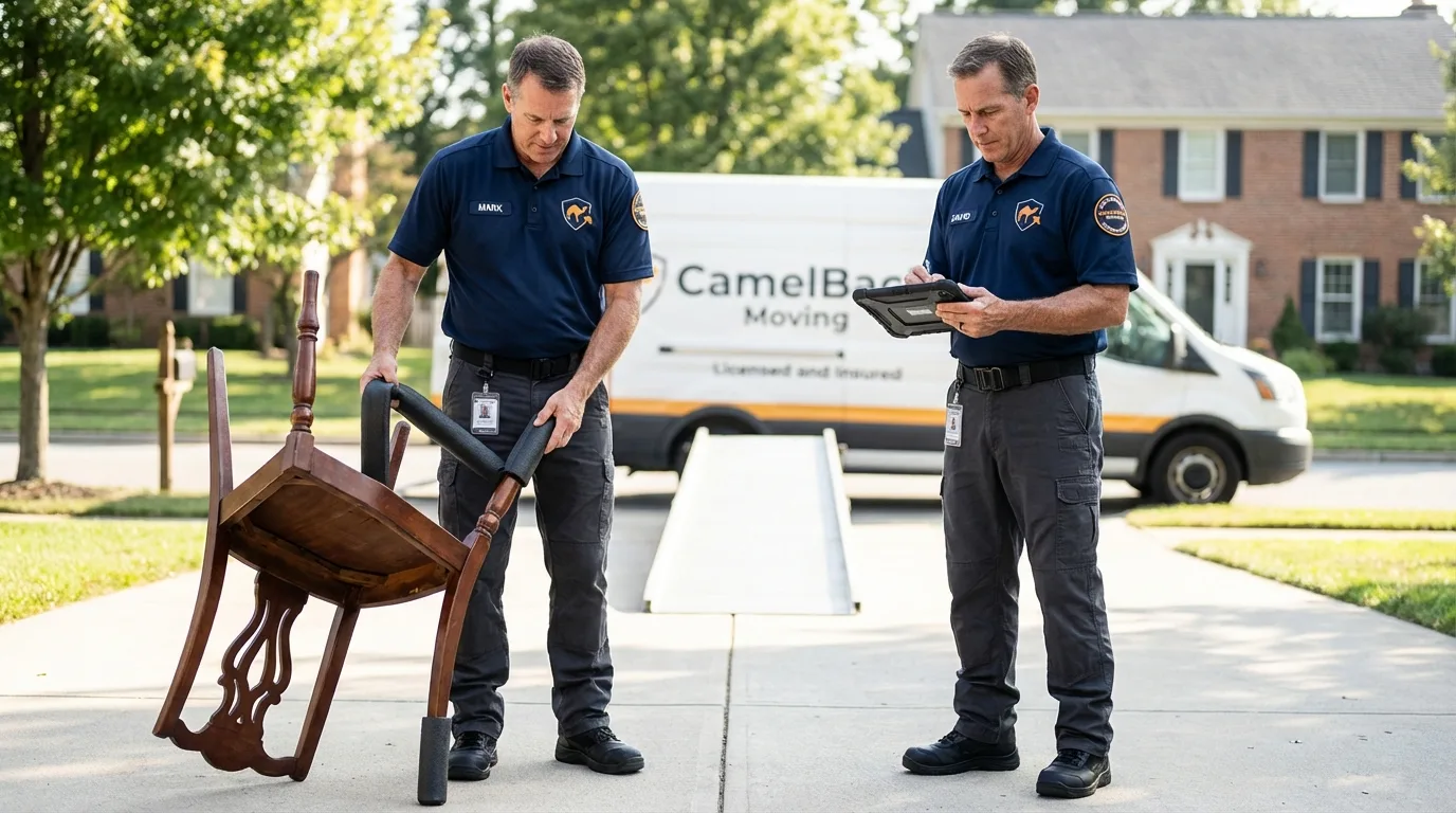 Movers inspecting furniture for damage prevention before loading in Ranson, WV